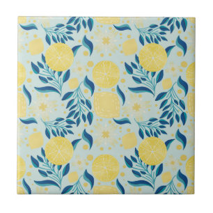 Colorful Lemon Blue Botanical Pattern Ceramic Tile
