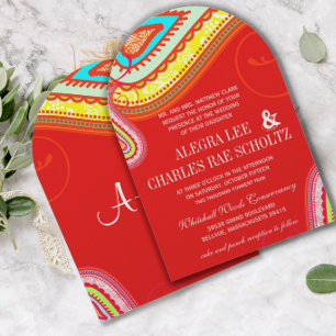 Colorful Lemon Coral Blue Mint Red Paisley Wedding Invitation