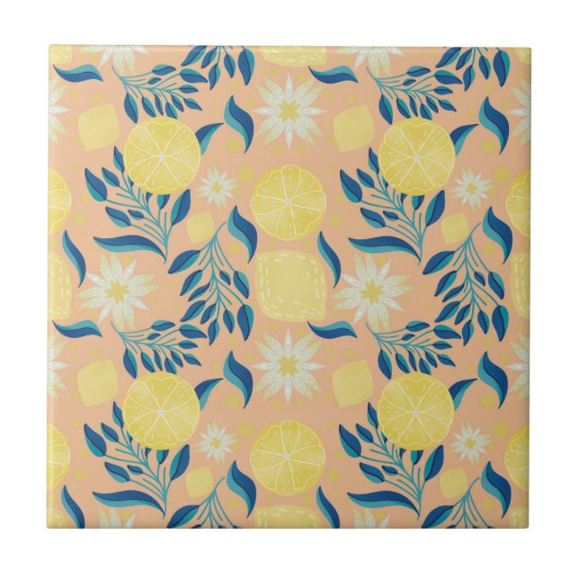 Colorful Lemon Pastel Botanical Pattern Ceramic Tile (Front)