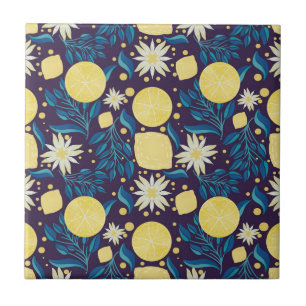 Colorful Lemon Purple Botanical Pattern Ceramic Tile