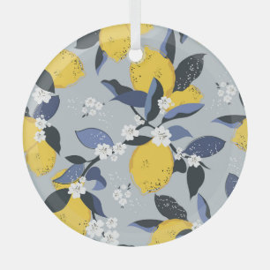 Colorful Lemons: Citrus Floral Pattern Glass Ornament