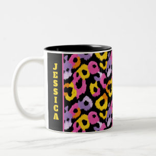 Colorful Leopard Animal Print Retro Glam with Name Two-Tone Coffee Mug