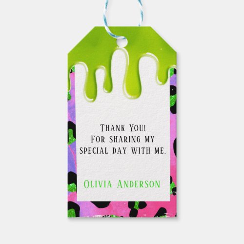 Colorful Leopard Green Slime 00th Birthday Party Gift Tags