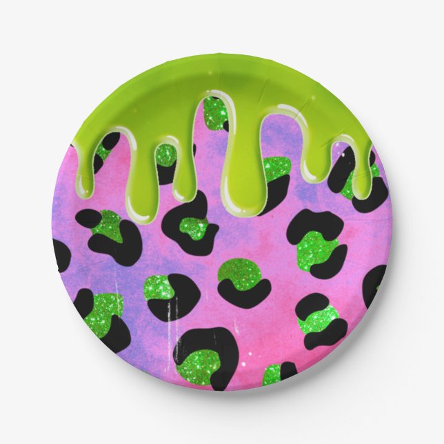Colorful Leopard Green Slime 00th Birthday Party Paper Plates (Front)