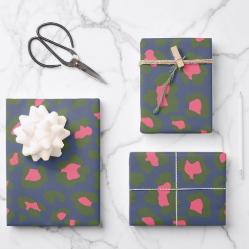 Colorful Leopard Print Animal Pattern Navy Pink  Wrapping Paper Sheets