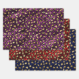 Colorful Leopard Print Design with Gold Accents Wrapping Paper Sheets