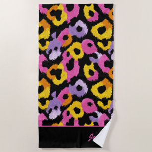 Colorful Leopard Print Retro Glam Monogrammed Name Beach Towel