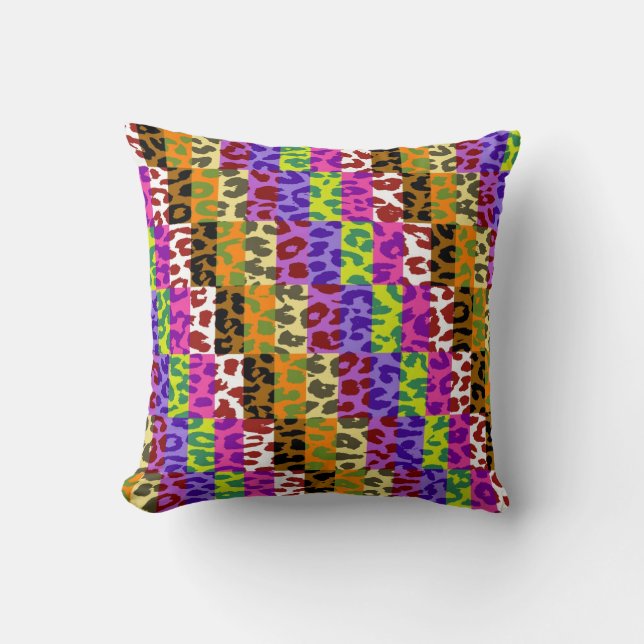 Colorful Leopard Print Squares Checker Pattern 11 Throw Pillow (Front)