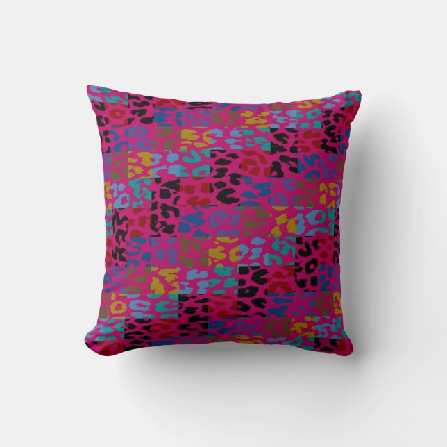 Colorful Leopard Print Squares Checker Pattern 6 Throw Pillow (Front)