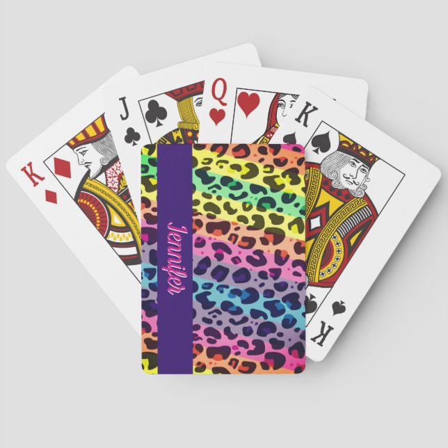 Colorful leopard spots with name rainbow poker cards (Back)
