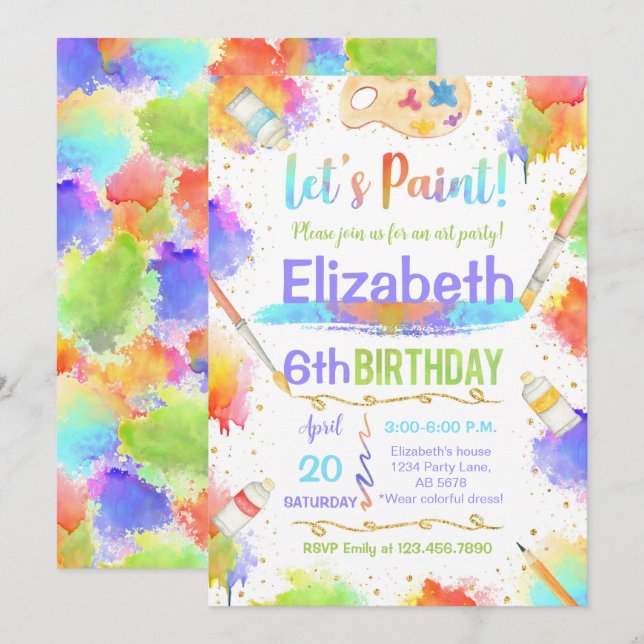 Colorful Let's Paint Art Birthday Party Invitation (Front/Back)