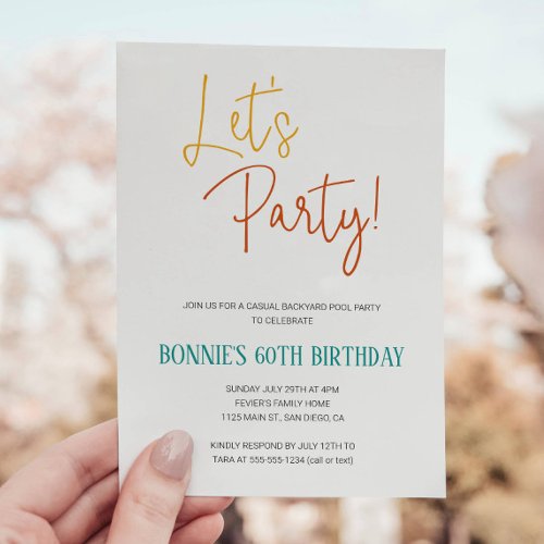 Colorful Lets Party Casual Backyard Birthday Invitation