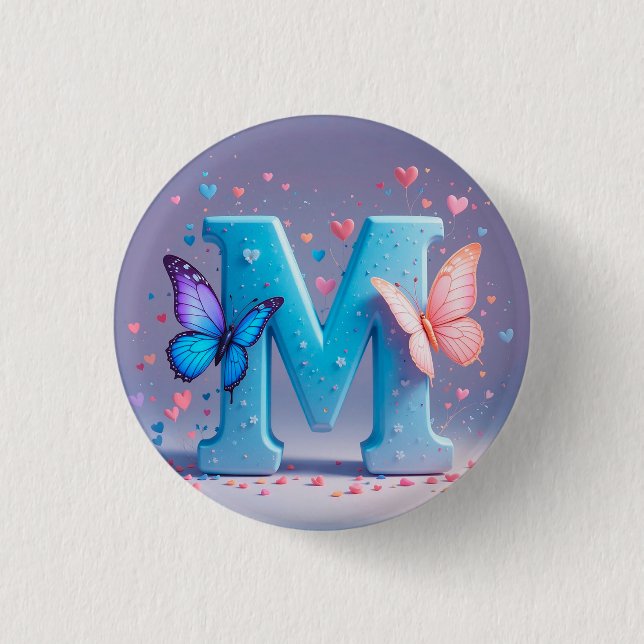 Colorful Letter M with Butterflies Button (Front)
