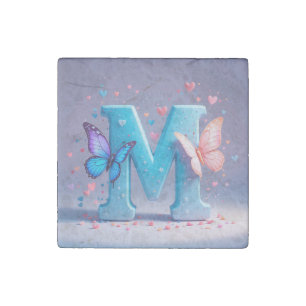 Colorful Letter M with Butterflies Stone Magnet
