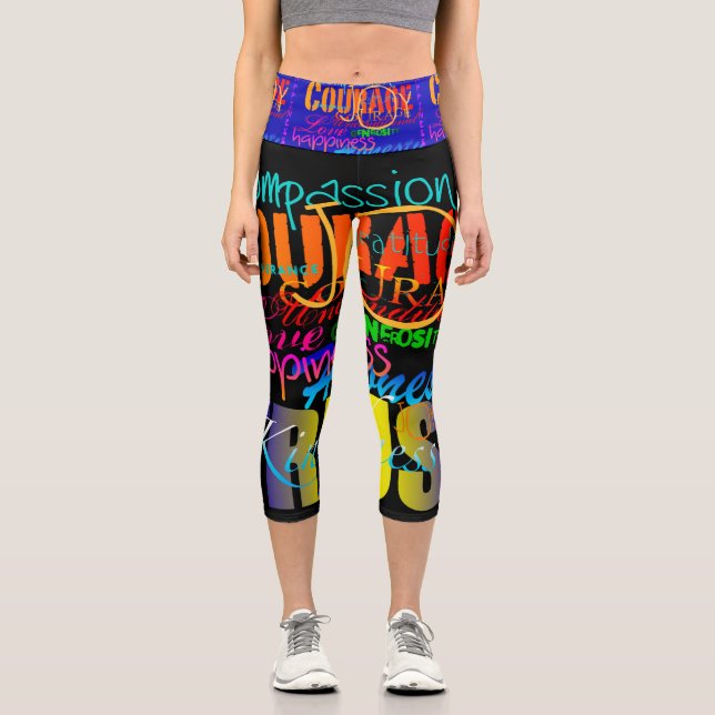 Colorful Lettering 80's Style Positive Qualities C Capri Leggings (Front)