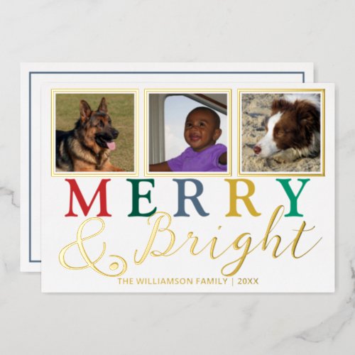 Colorful Letters 3 Photo Chic Merry Bright Gold Foil Holiday Card