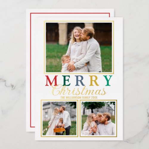 Colorful Letters 3 Photo Chic Merry Christmas Gold Foil Holiday Card