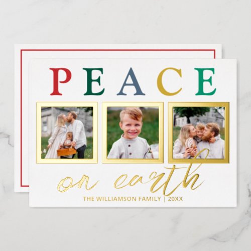 Colorful Letters 3 Photo Chic Peace On Earth Gold Foil Holiday Card