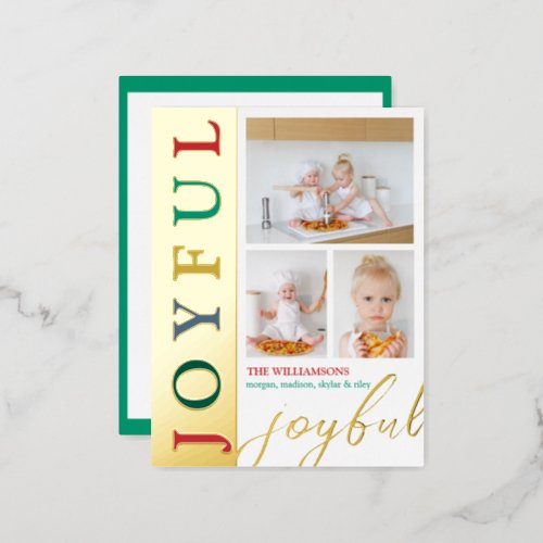 Colorful Letters 3 Photo Collage Joyful Chic Gold Foil Holiday Postcard