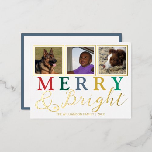 Colorful Letters 3 Photo Merry Bright Chic Gold Foil Holiday Postcard