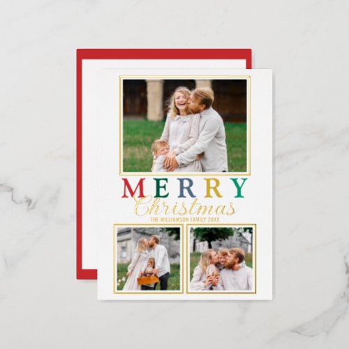 Colorful Letters 3 Photo Merry Christmas Chic Gold Foil Holiday Postcard