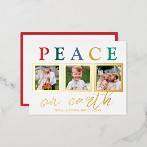 Colorful Letters 3 Photo Peace On Earth Chic Gold Foil Holiday Postcard