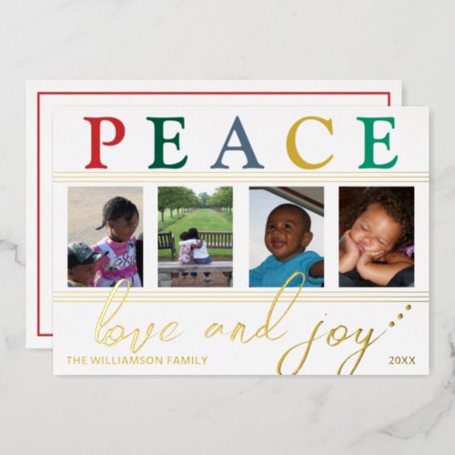 Colorful Letters 4 Photo Chic Peace Love Joy Gold Foil Holiday Card
