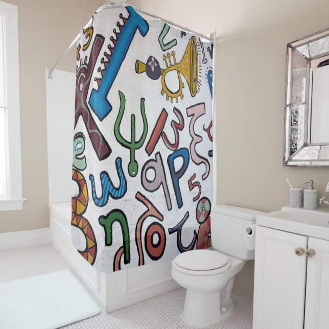 Colorful Letters and Numbers Shower Curtain (In Situ)