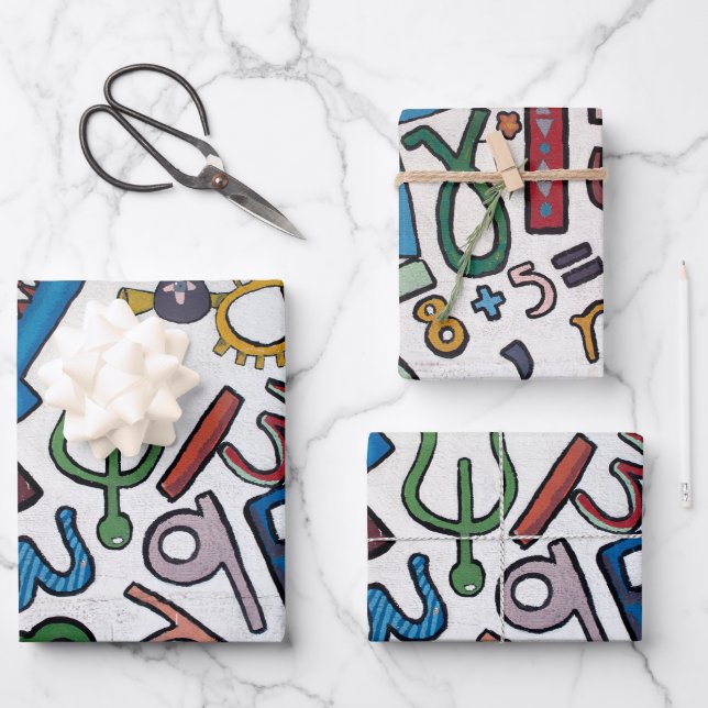 Colorful Letters and Numbers Wrapping Paper Sheets (Front)