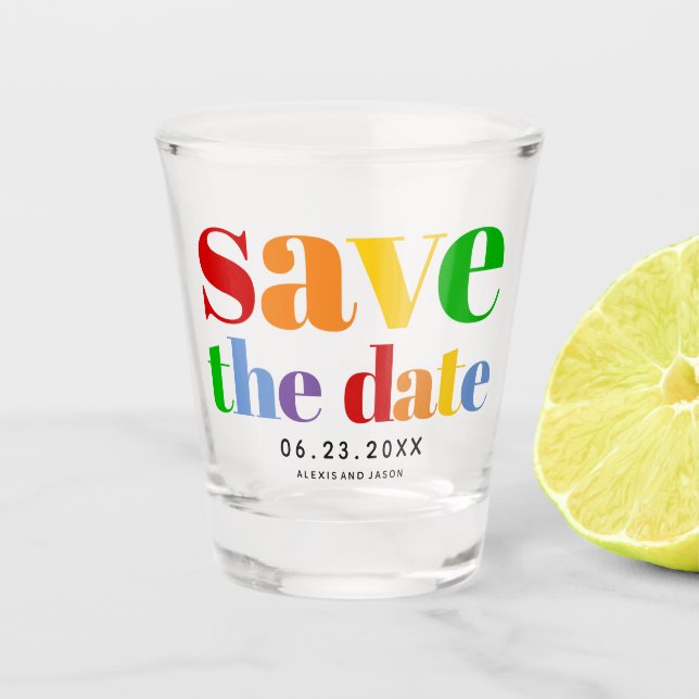 Colorful letters, dots and stripes gay photo shot glass (Front)