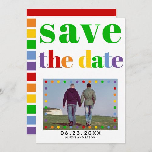 Colorful letters dots and stripes green gay photo save the date