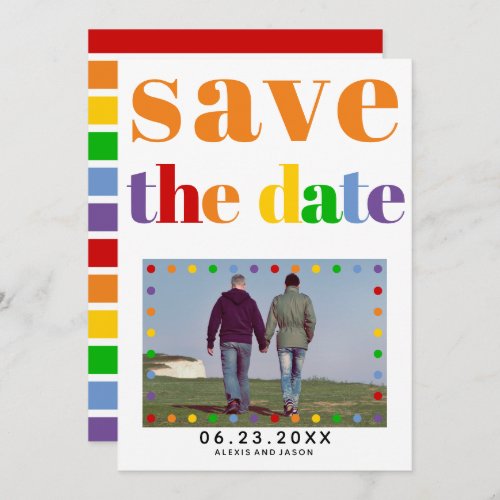 Colorful letters dots and stripes orange gay photo save the date