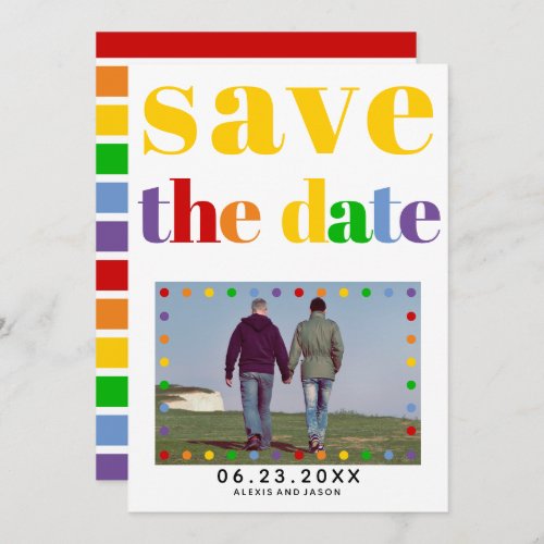Colorful letters dots and stripes yellow gay photo save the date