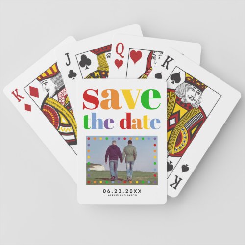 Colorful letters dots Save the Date gay photo Poker Cards