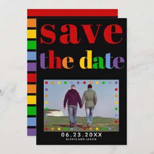 Colorful letters dots, stripes black red gay photo save the date