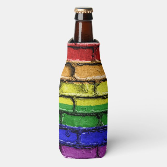 Colorful LGBT rainbow pride flag brick wall Bottle Cooler (Bottle Front)