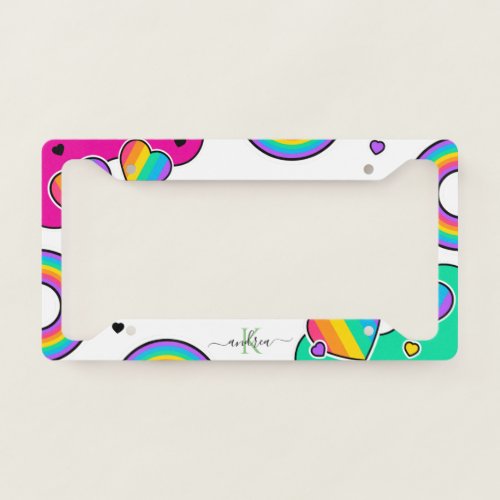 Colorful LGBTQ Hearts Rainbows Monogram Name Cute License Plate Frame