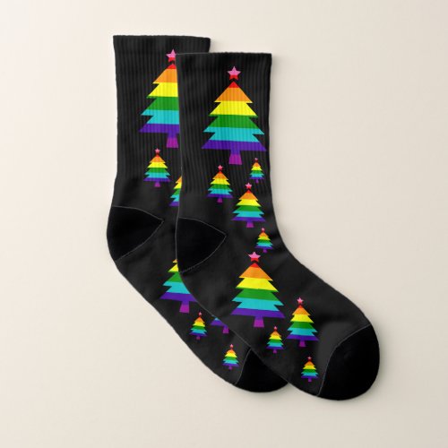 Colorful LGBTQ Pride Rainbow Christmas Tree Socks