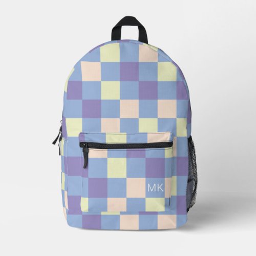 Colorful Light Blue Checkerboard Monogram Initials Printed Backpack