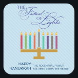 Colorful Light Blue Menorah Hanukkah Square Sticker<br><div class="desc">Here's a fun graphic look for a Hanukkah sticker. A colorful menorah highlights a striped pale blue panel with an ornate "Festival of Lights" in a typographic treatment above. A special customized message goes underneath. Great as envelope seals or for sticking on holiday packages or gifts. Available in alternate colors...</div>