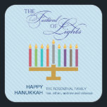 Colorful Light Blue Menorah Hanukkah Square Sticker<br><div class="desc">Here's a fun graphic look for a Hanukkah sticker. A colorful menorah highlights a striped pale blue panel with an ornate "Festival of Lights" in a typographic treatment above. A special customized message goes underneath. Great as envelope seals or for sticking on holiday packages or gifts. Available in alternate colors...</div>