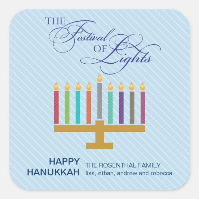 Colorful Light Blue Menorah Hanukkah Square Sticker (Front)