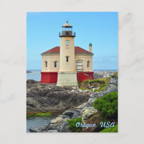 Colorful lighthouse and ocean landscape postcard