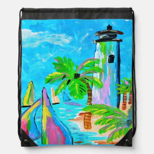 Colorful Lighthouse by Babe Monet Art Drawstring Bag