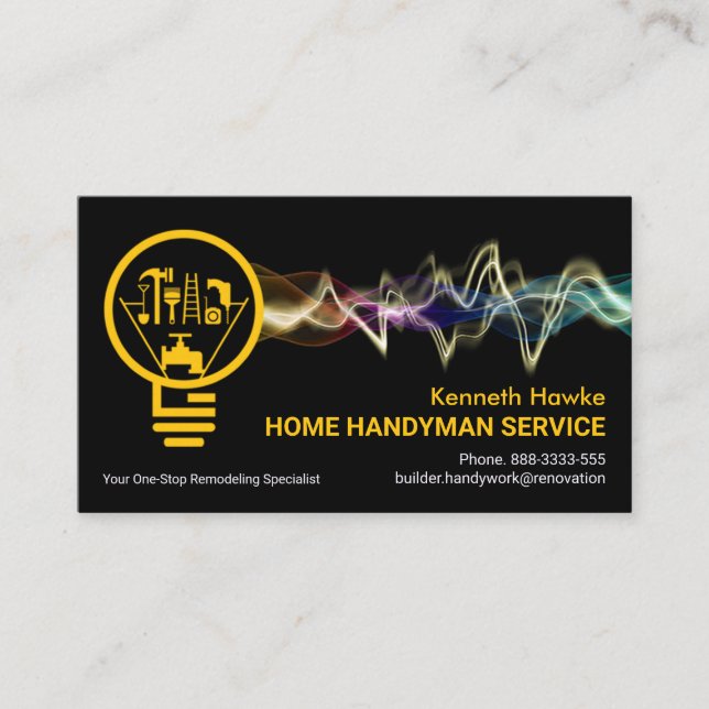 Colorful Lightning Powering Handyman Bulb Business Card (Front)