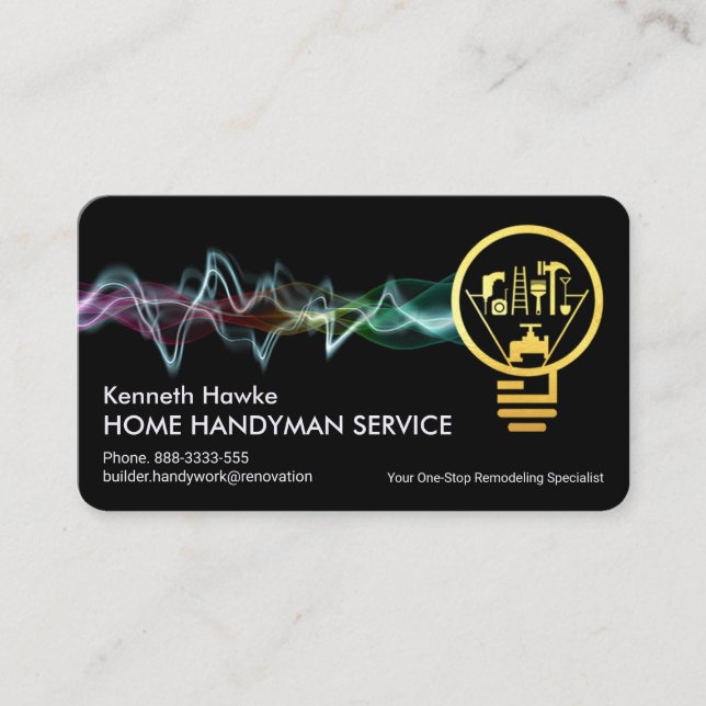 Colorful Lightning Powers Up Handyman Bulb Business Card (Front)