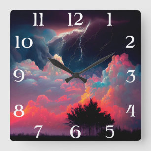 Colorful Lightning Storm Square Wall Clock