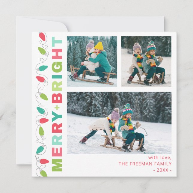 Colorful Lights Merry + Bright Photo Card (Front)