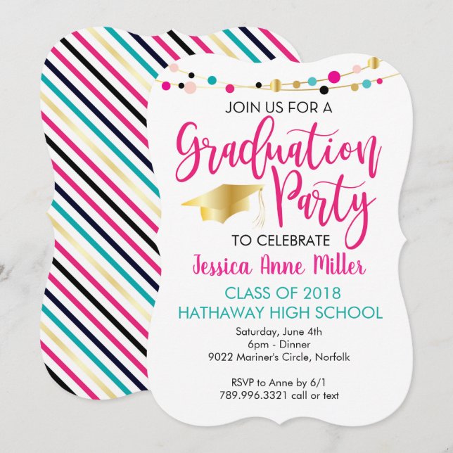 Colorful Lights Pink Gold Graduation Party Invitation (Front/Back)