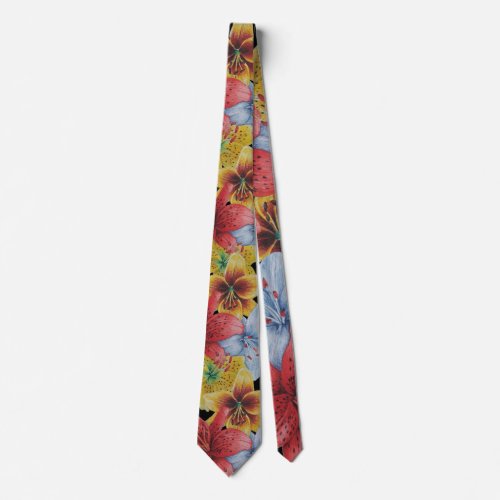 colorful lily flower all over floral pattern neck tie